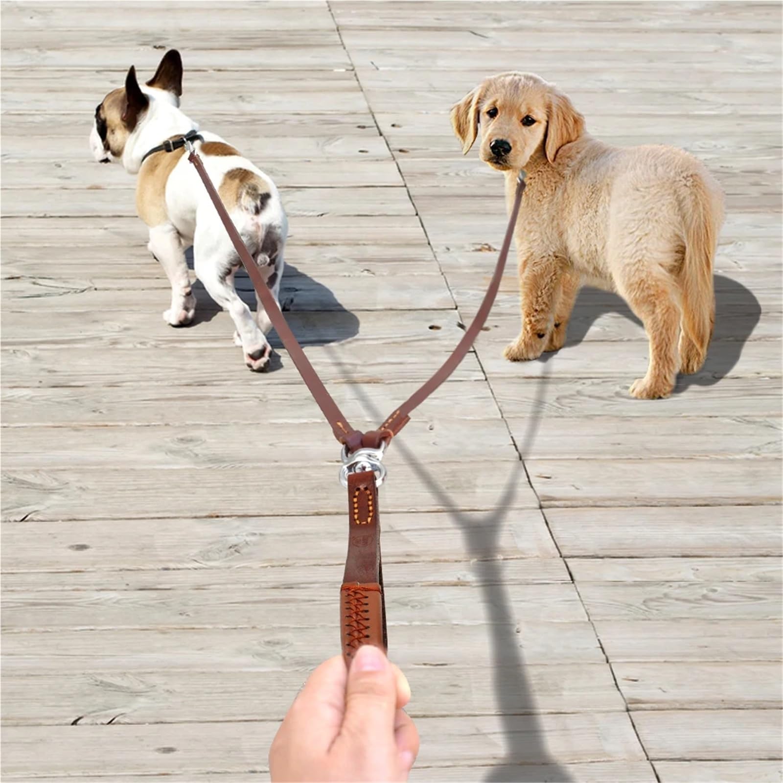 Laisse pour chien 2 voies double en cuir pour animal domestique avec coupleur anti-nœuds avec poignée pour la marche et le dressage de 2 chiens de petite et moyenne taille (noir)