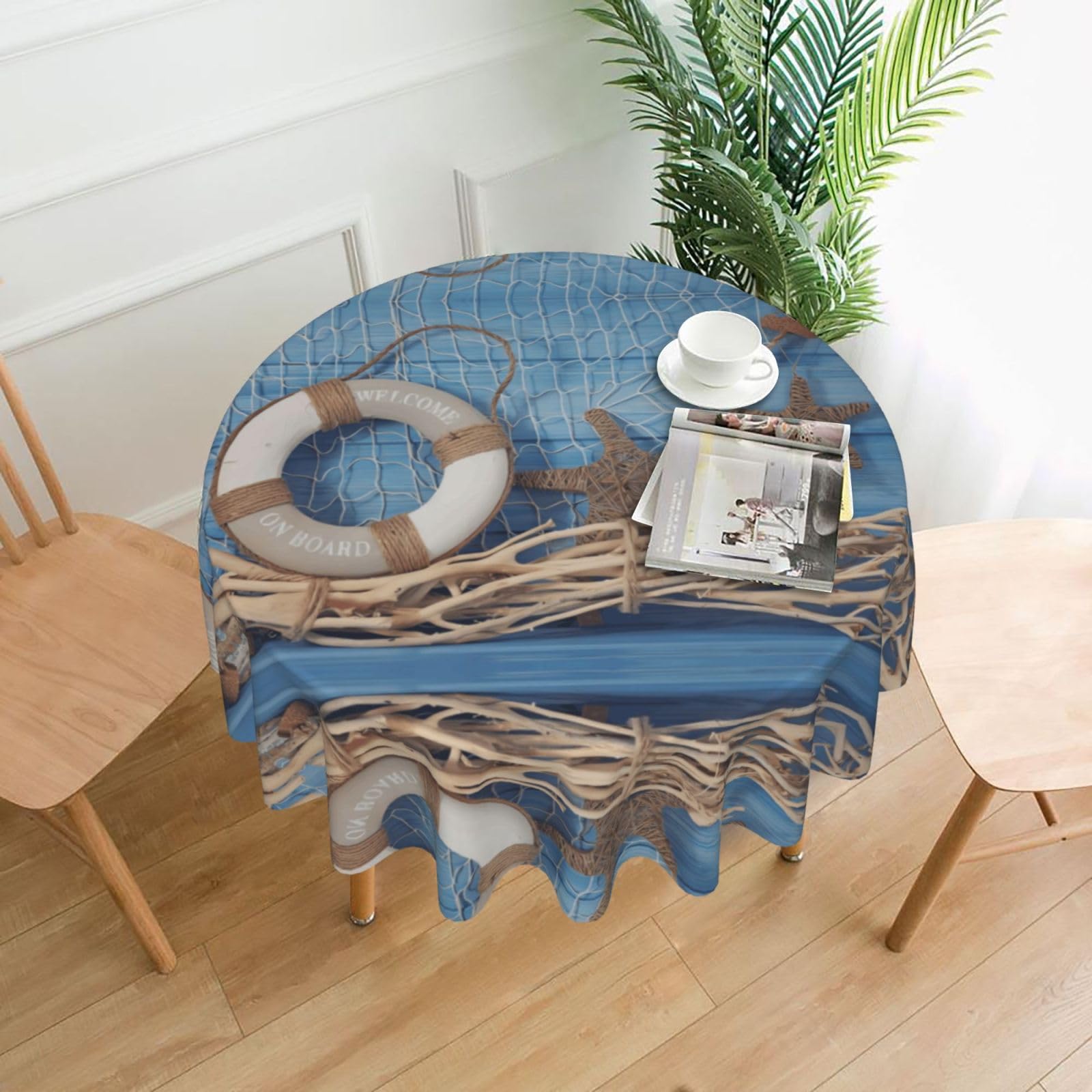 WHJSSF Seashell Starfish Prints Round Decorative Table Throw 60 Inch – Waterproof Table Cover for Dining, Coffee Tables, and Outdoor Events