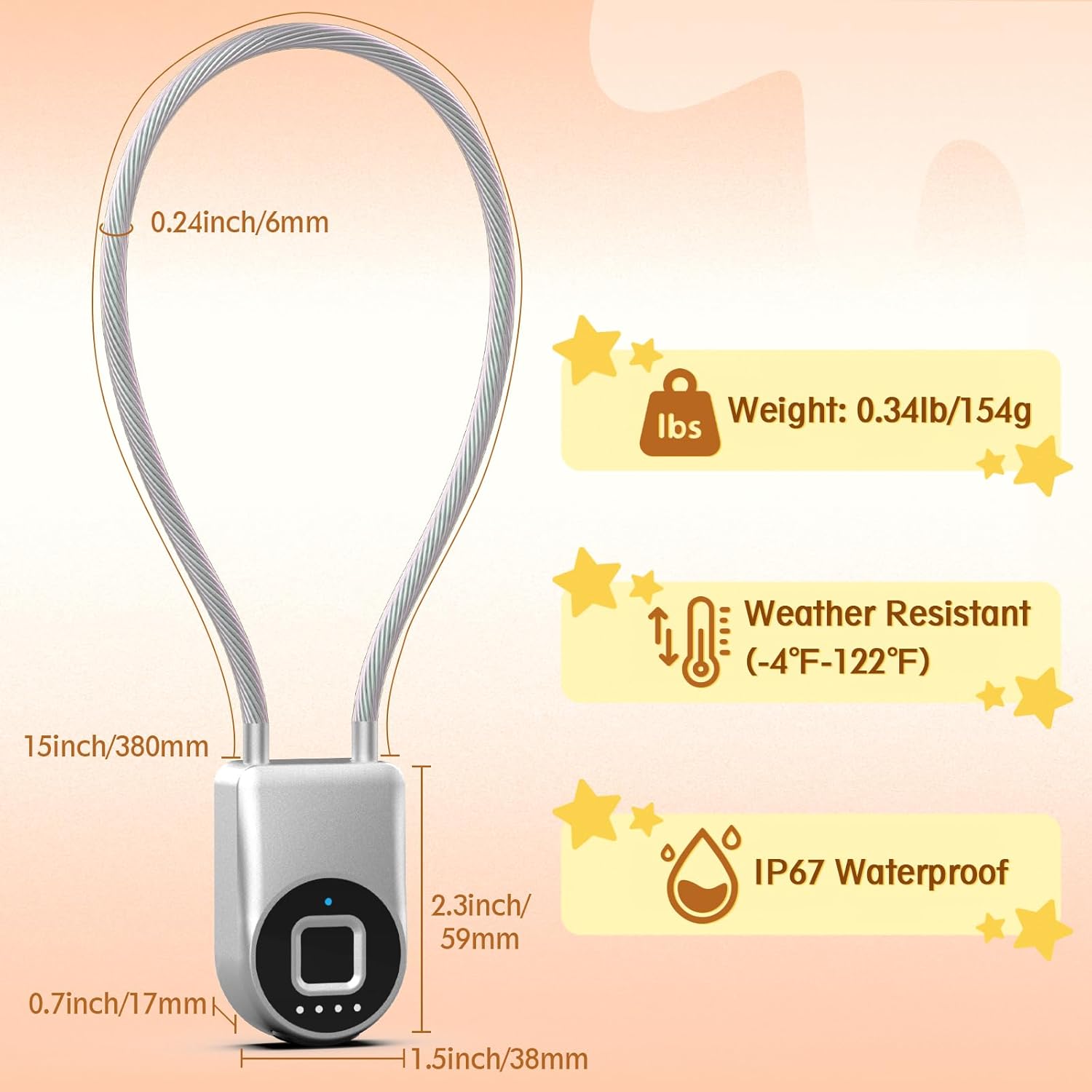 Bestkid Fingerprint Cable Lock, Childproof Fingerprint Padlock Bluetooth APP Contral, 15'' Waterproof Keyless Smart Small Lock Anti Theft for Fridge, Gate, Fence, Home, Office, Silver