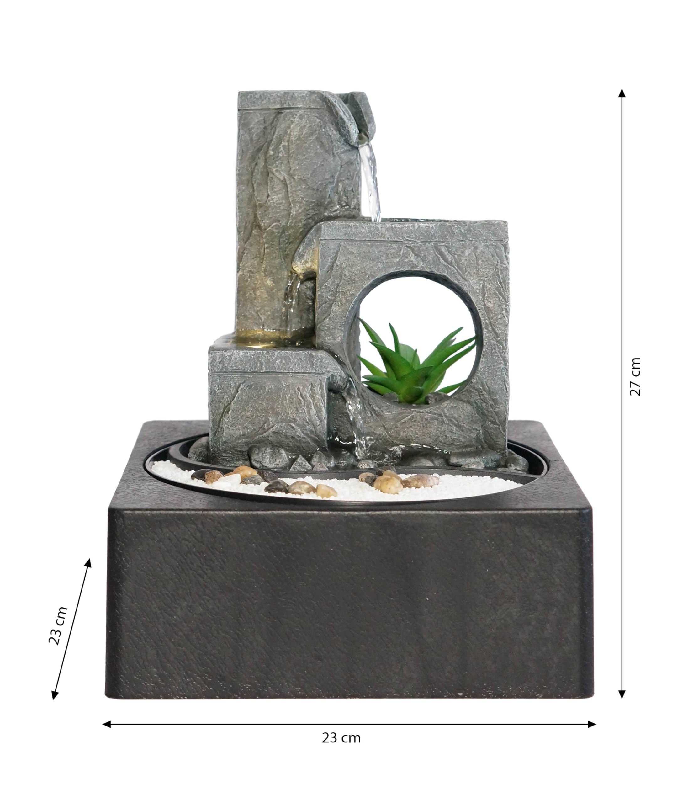 Dehner Zimmerbrunnen Mana, Indoor-Brunnen, mit LED-Beleuchtung, ca 23x27x23 cm, Polyresin, grau