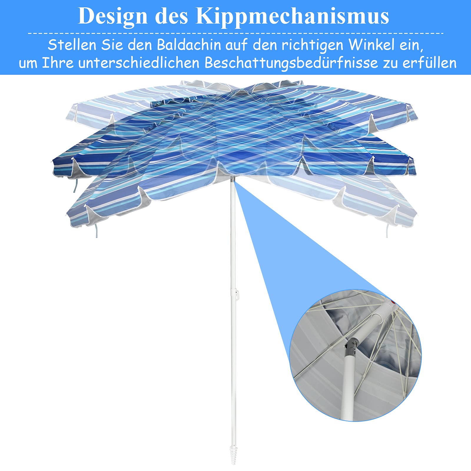 GOPLUS Strandschirm, Sonnenschirm um 30° knickbar, Gartenschirm UV 50+, Tischschirm mit Bodenhülse, Marktschirm Terrassenschirm, inkl. Schutzhülle, 8 Rippen Fiberglas