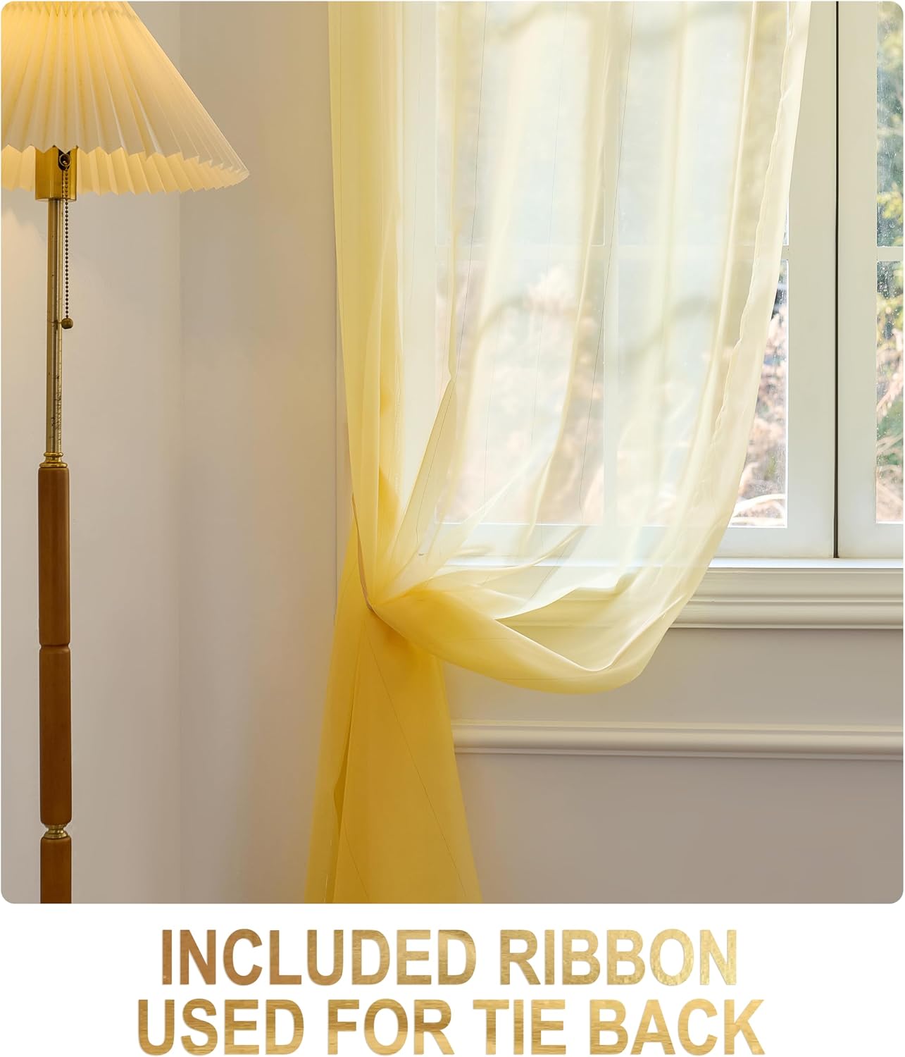 Foil Stripe Mustard Yellow Sheer Curtains 120 inches Length 2 Panels with Grommets 52 inches Widith, Semi Transparant Curtains for Living Room and Dining Room