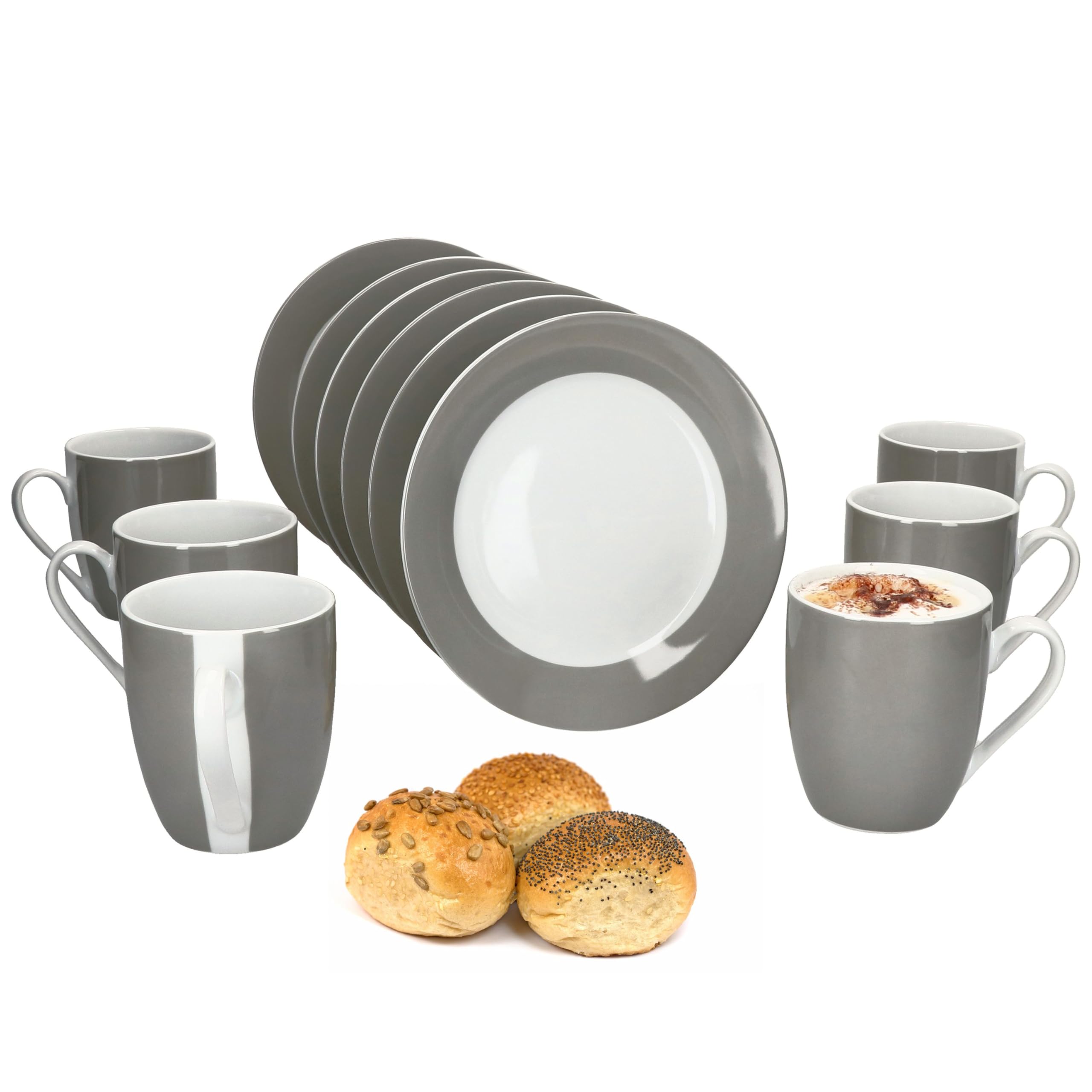 MamboCat Variant Grau 12tlg Frühstücksset I Je 6X kleine Teller & Kaffeebecher 350ml, Höhe 10,3cm für 6 Personen I Tasse, Kuchenteller I Porzellan-Geschirr für Frühstücks- & Kaffeezeit
