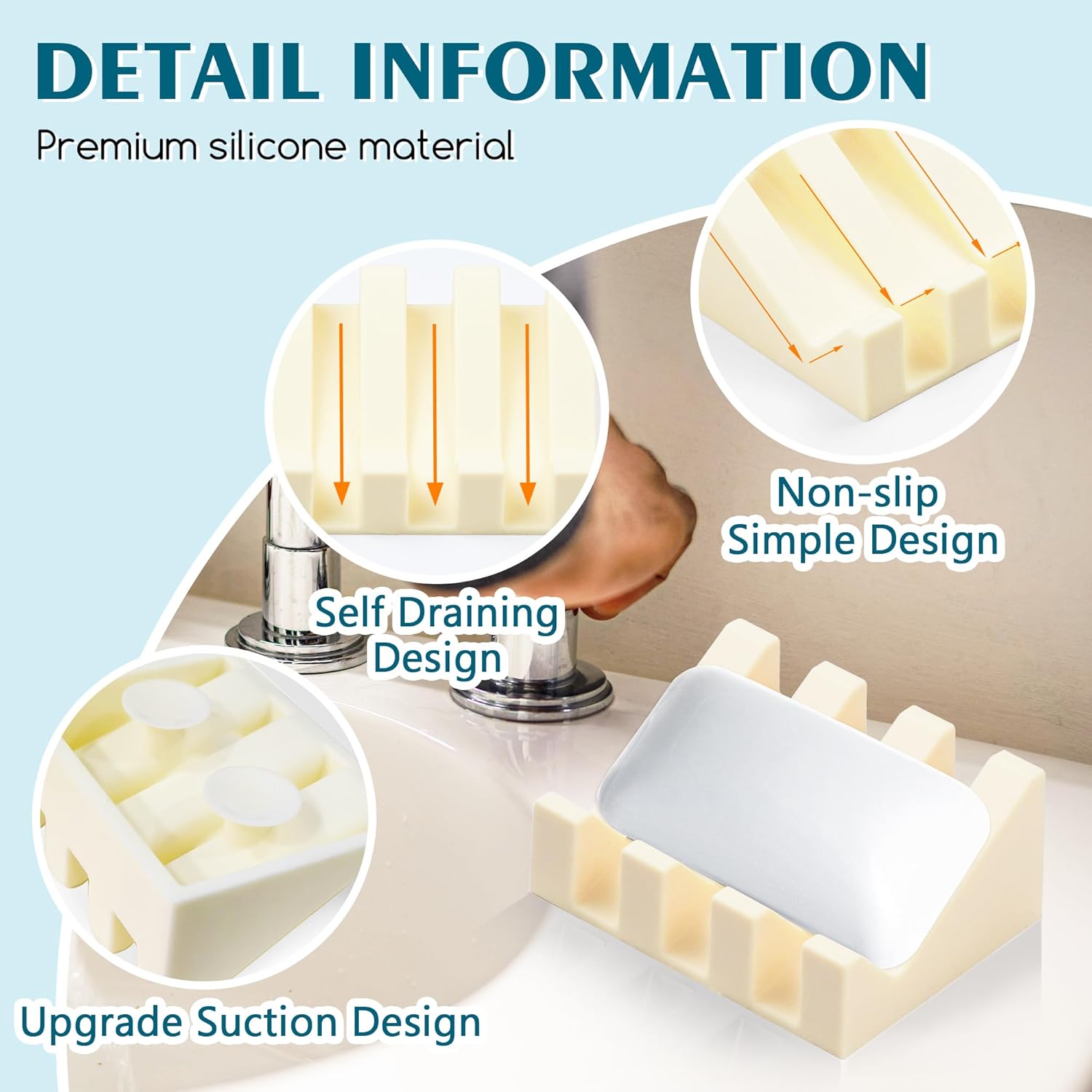 Silicone Soap Dish with Drain, Upgrade Double Suction Cups at The Bottom for Anti-Slip and Stability, Soap Dish Shower Waterfall Bar Soap Holder Tray with Drain Soap Holder (4, CreamWhite)