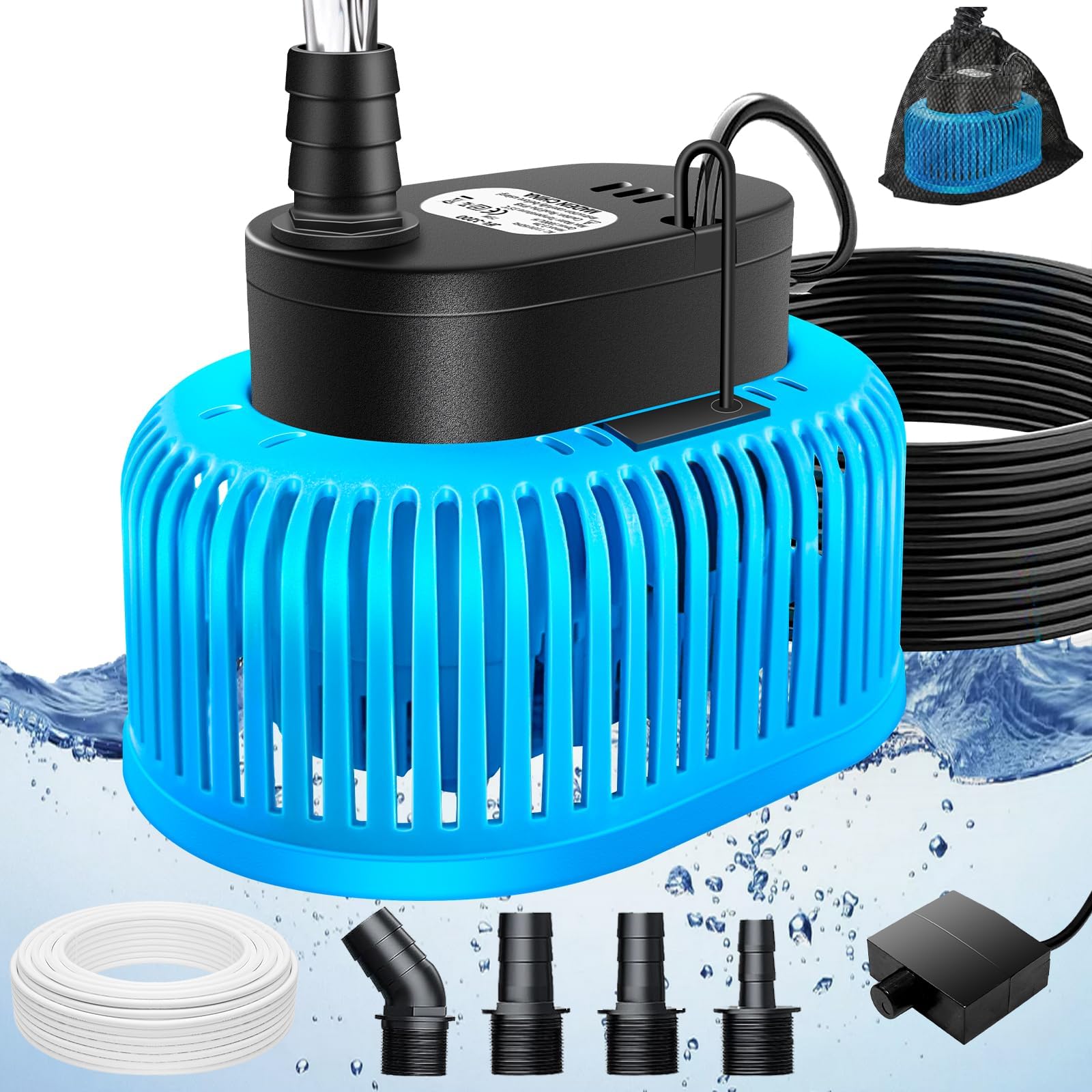 Pompe submersible, pompe submersible eau sale pompe à eau de pluie 75 W, capteur de niveau d'eau automatique, drainage pour piscine hors sol, 4 adaptateurs, tuyau de 4,9 m, câble de 7,6 m, max 3218 l