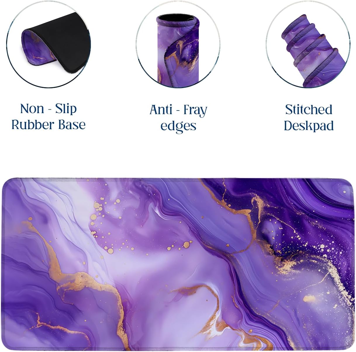 SoulAbiti Purple Marble Gold Splash stitched edges Desk Mat - Abstract textured art Mouse Pad - Large gaming 23.6x11 inch Mousepad - Non-Slip, Anti Fray, Computer Laptop Office Décor