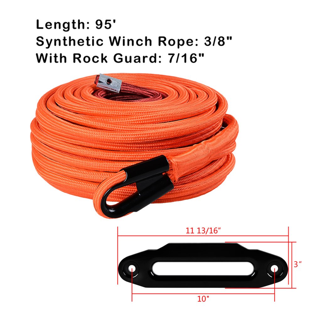 95ft X 3/8" Synthetic Winch Rope, 22,000 Lb Breaking Strength, Orange With Rock Guard | For ATV, UTV, SUV, Truck, Off-Road Recovery