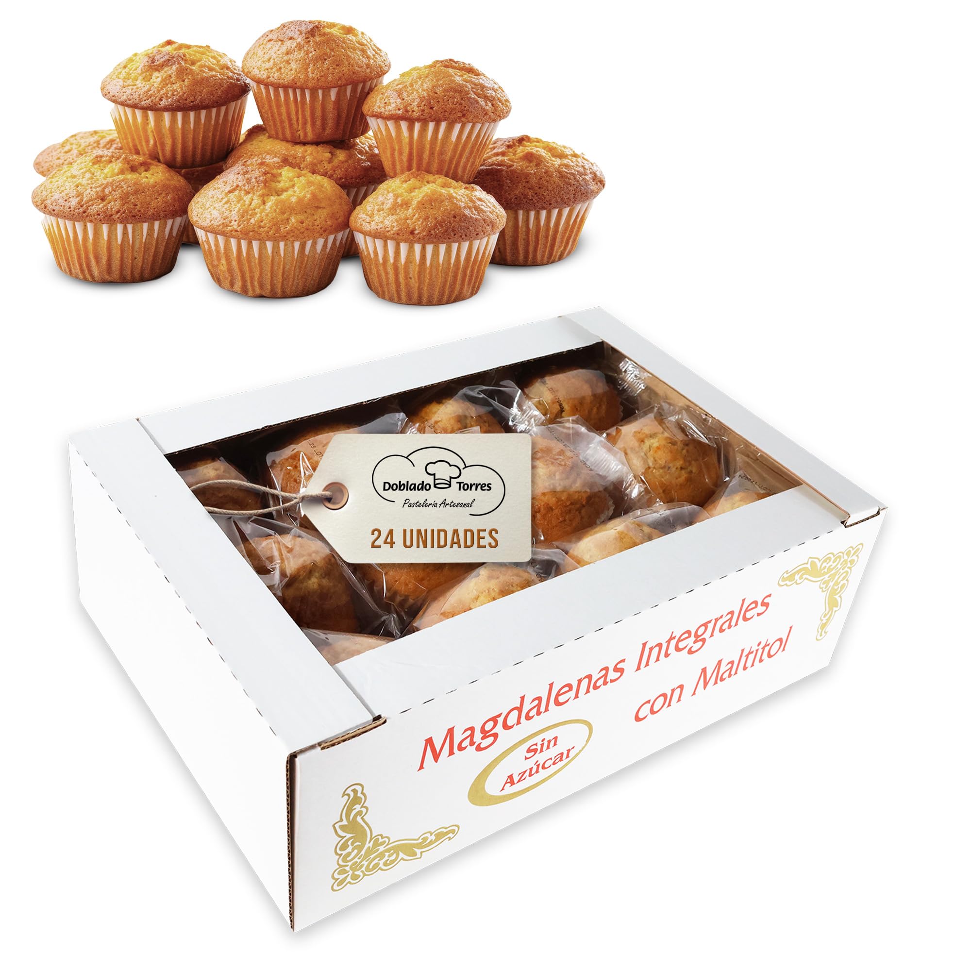 Doblado Torres Magdalenas Integral Sin Azúcar - Magdalenas Caseras con Huevos Frescos. Bollería Sin Azúcar. Ideal para un Desayuno Saludable. Envasadas Individualmente 24 unidades