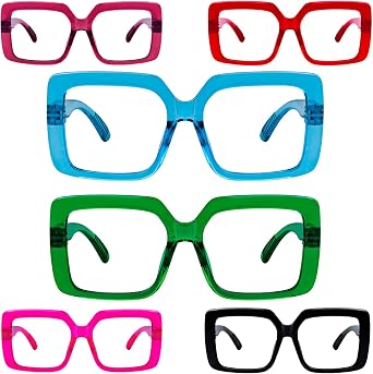GUD Huge Square Reading Glasses with Screwless Spring Hinge Metalless 6 Pack Oversized Women Readers