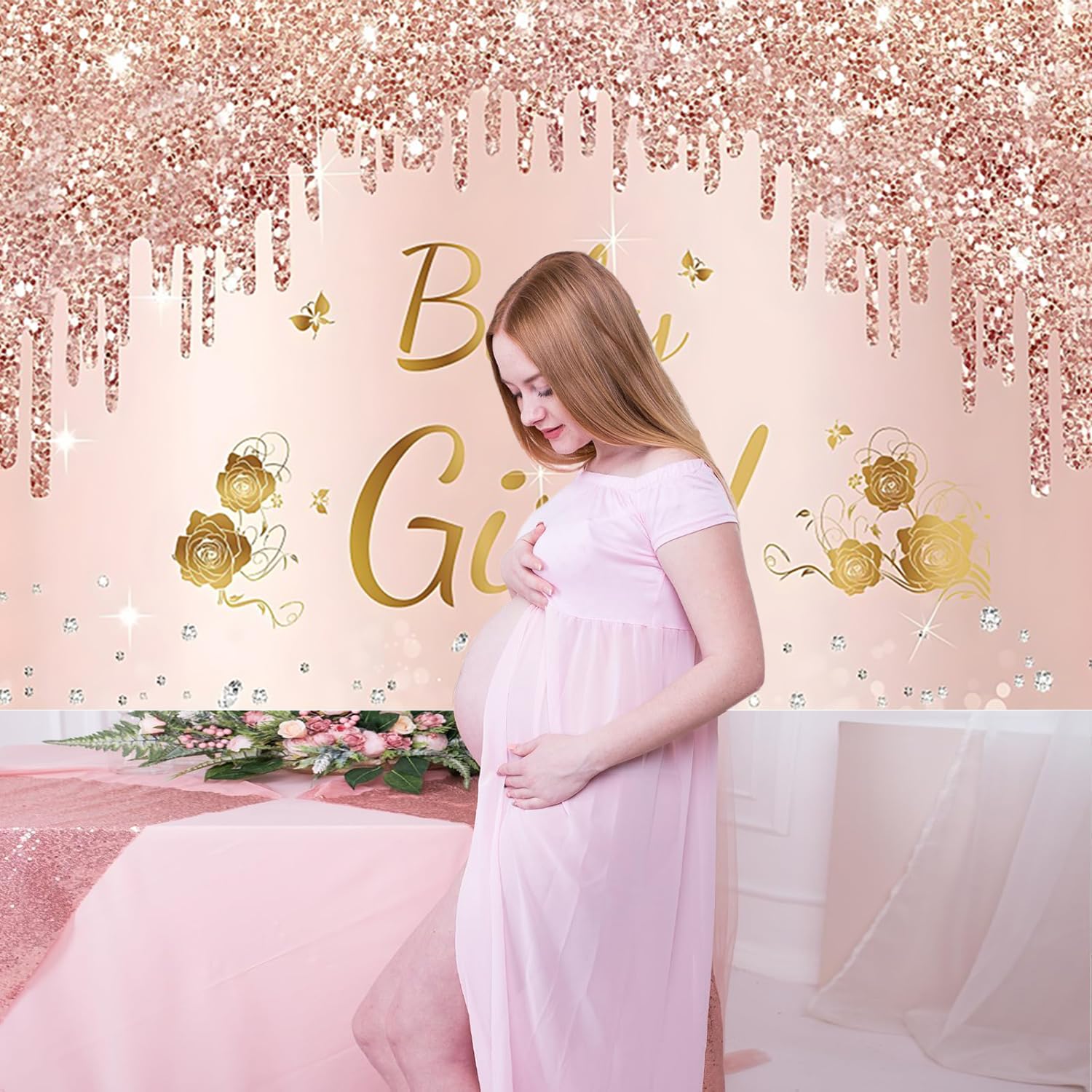 3x2m Telón de Fondo Baby Shower Rosa Oro Rosa Niña Póster Fotografía Fondo Recién Nacido Baby Shower Decoraciones de Fiesta Banner Photo Booth Props