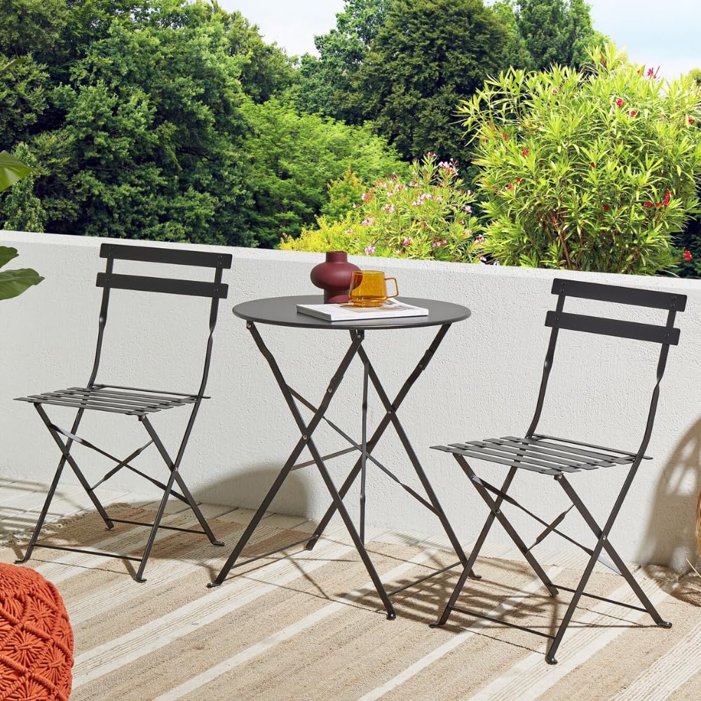 PALUPLUS Set da Bistrot 3 Pezzi, Tavolo TONDO Pieghevole 60x71 cm, 2 Sedie in Metallo 41x46x90 cm, per Balcone e Giardino, Design Retrò e Salvaspazio -7155F-15,8 (Grigio Antracite)
