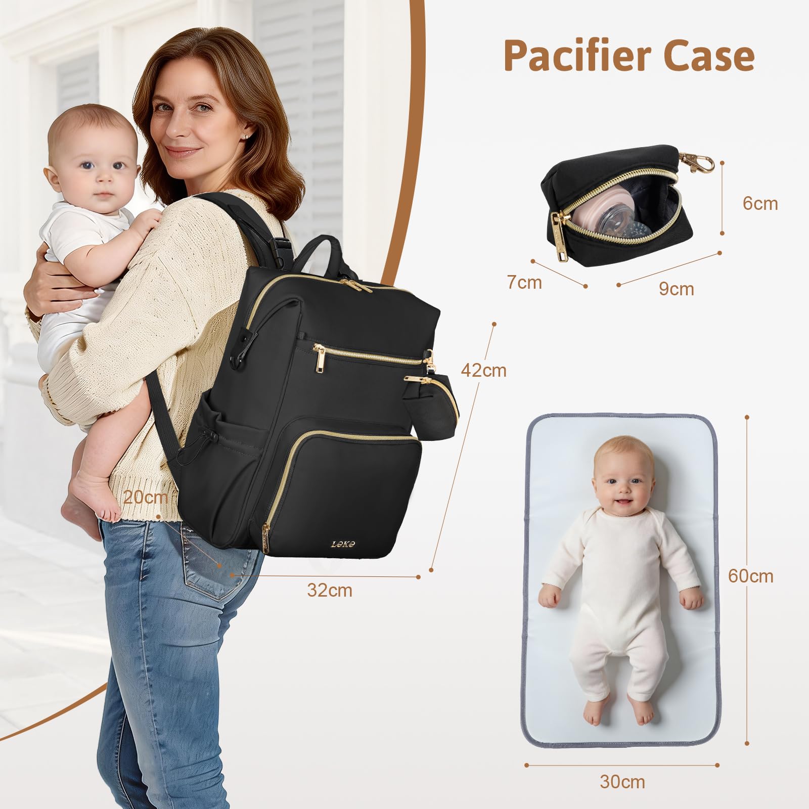 Lekesky Sac à Dos à Langer Grande Capacité avec Matelas et Attaches Poussette Compartiment Isotherme Noir