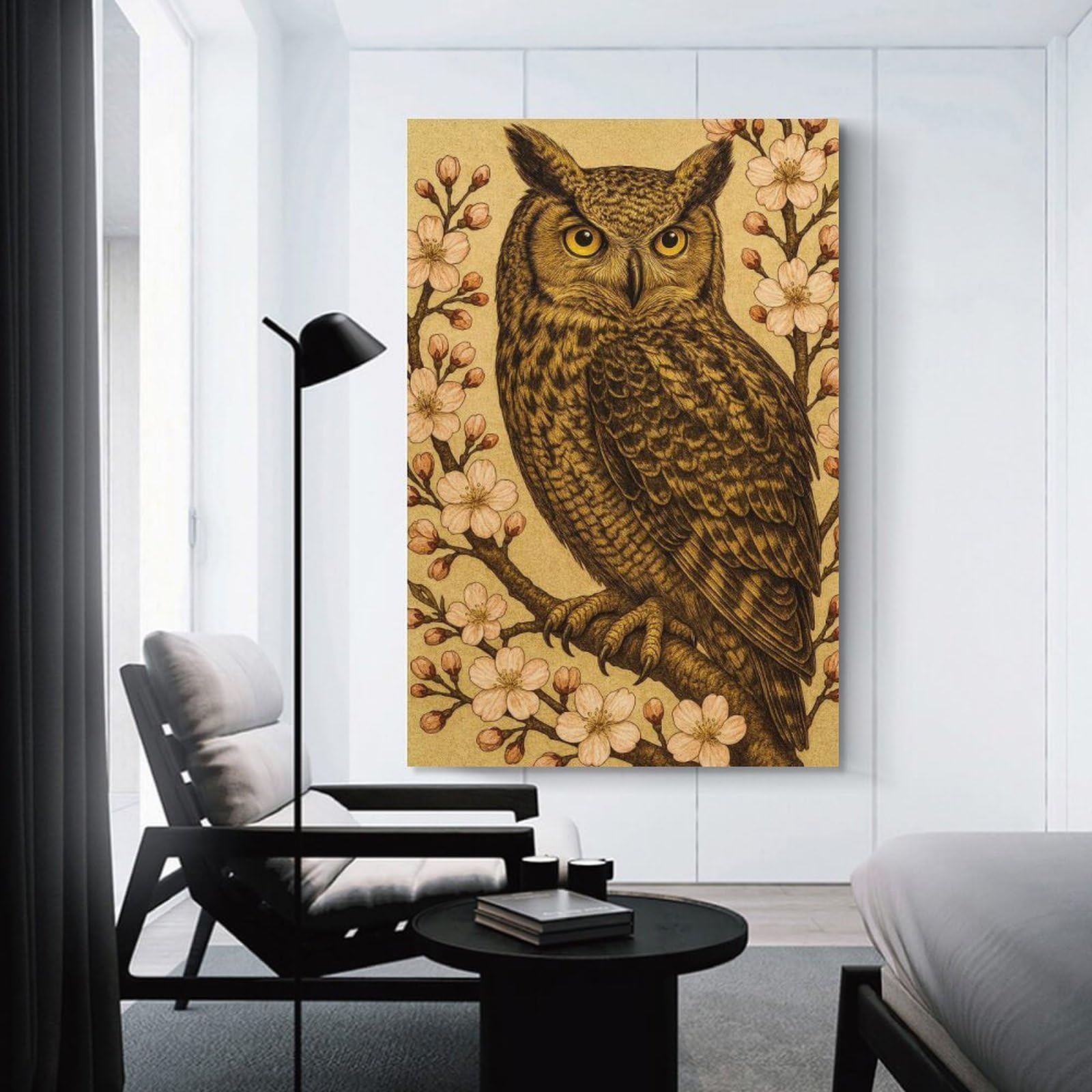 Junmoney Wall Art Print Detailed Owl on Cherry Blossom Branch, 24x36inch(60x90cm), for Living Room, Bedroom Or Home Office, Thoughtful Wall Decor for Art Lovers