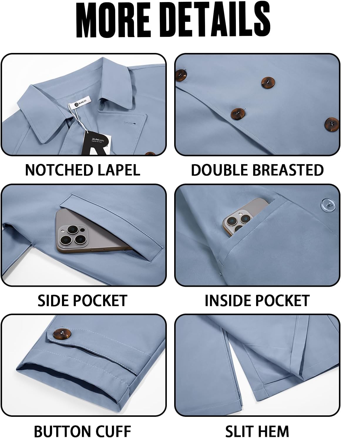 Runcati Mens Trench Coat Double Breasted Notched Lapel Casual Belted Windbreaker Fall Classic Long Jacket Overcoat - Image 6