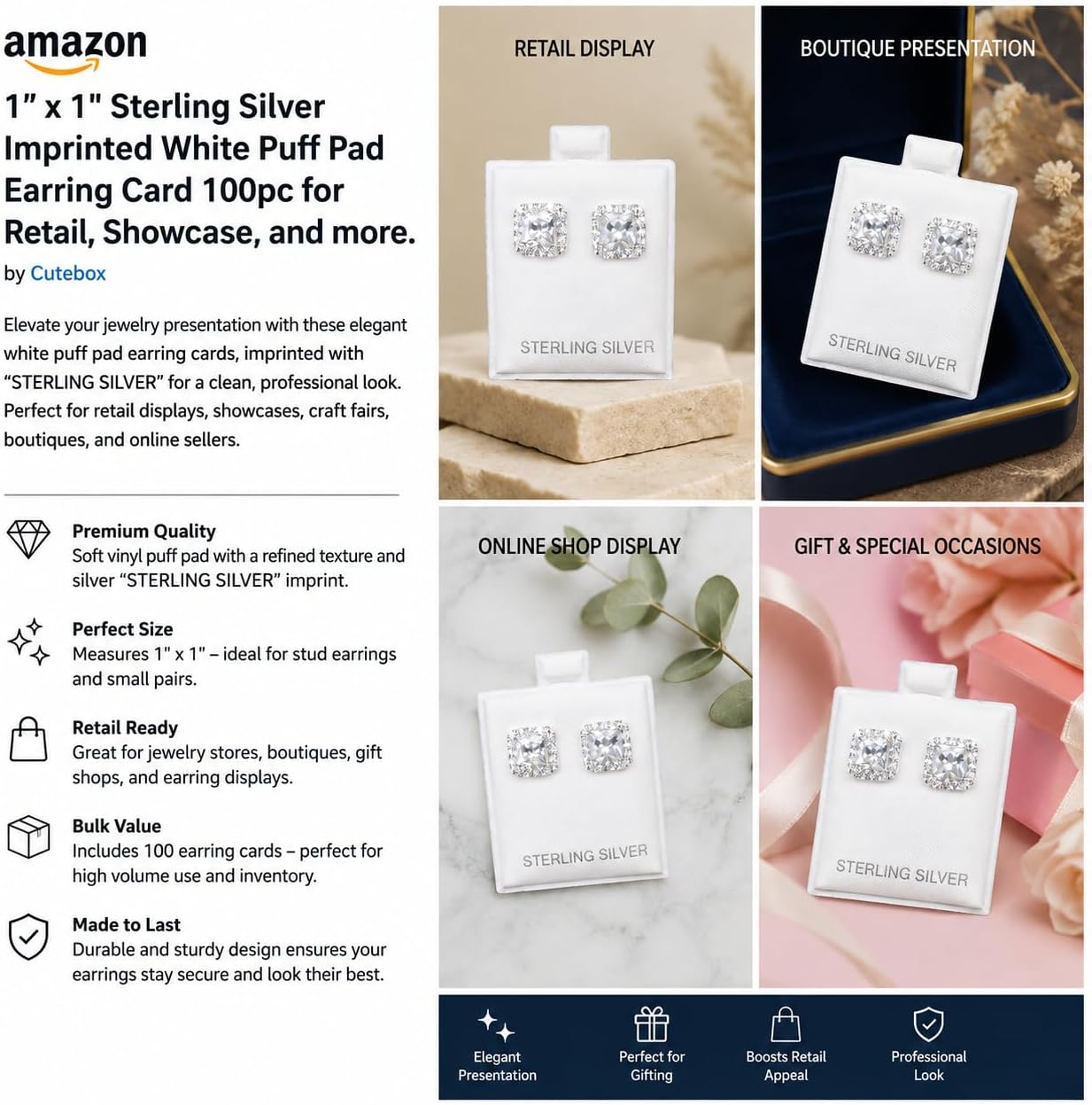 100 Pack 1" x 1" Sterling Silver Earring Display Cards, White Puff Pad Earring Holders, Imprinted Jewelry Presentation Cards for Stud Earrings, Retail Displays, Showcases, Boutiques & Craft Shows