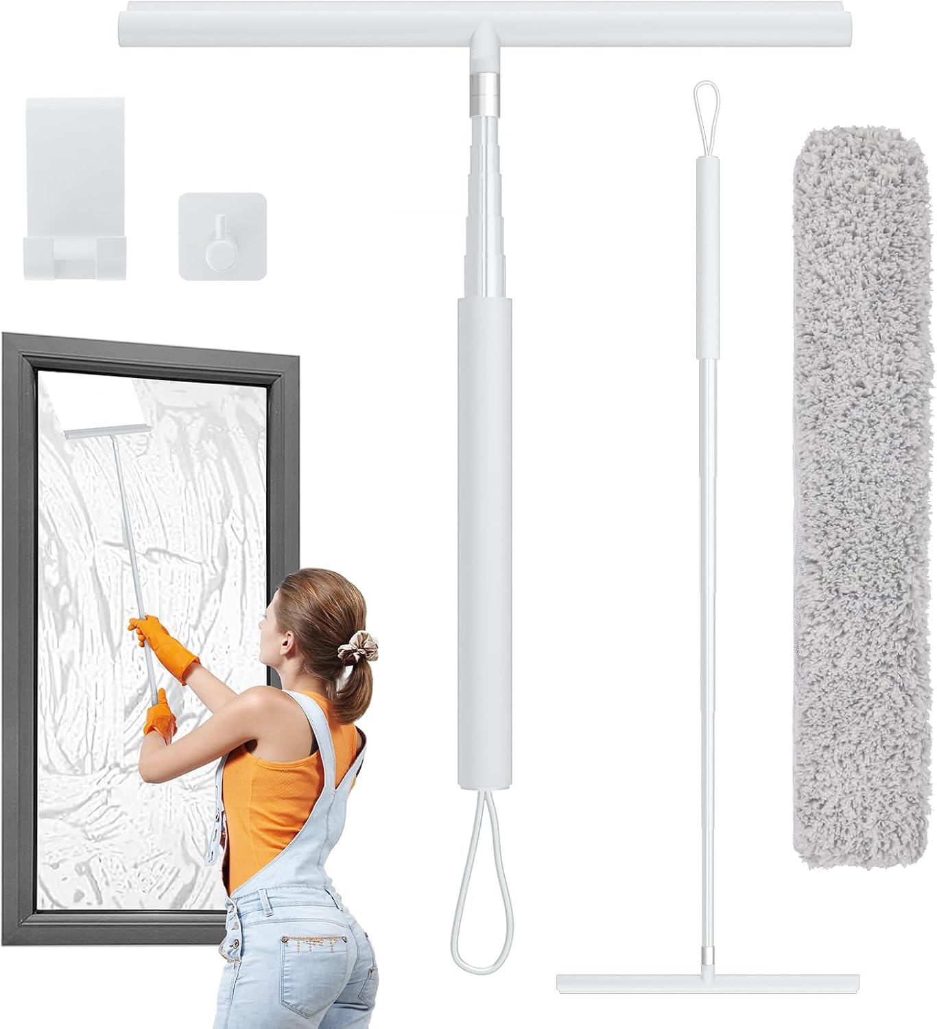 Shower Squeegee for Glass Doors,Aluminum Alloy + Silicone Shower Squeegee with Telescopic Handle for Tile Shower Walls (White)