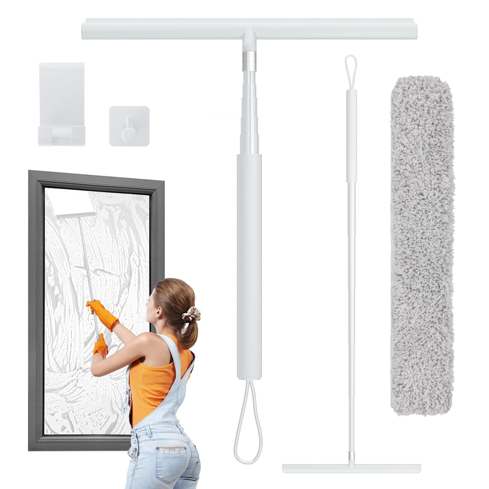 Lavavetri doccia per porte in vetro, lega di alluminio + lavavetri doccia in silicone con manico telescopico per piastrelle e pareti doccia (bianco)