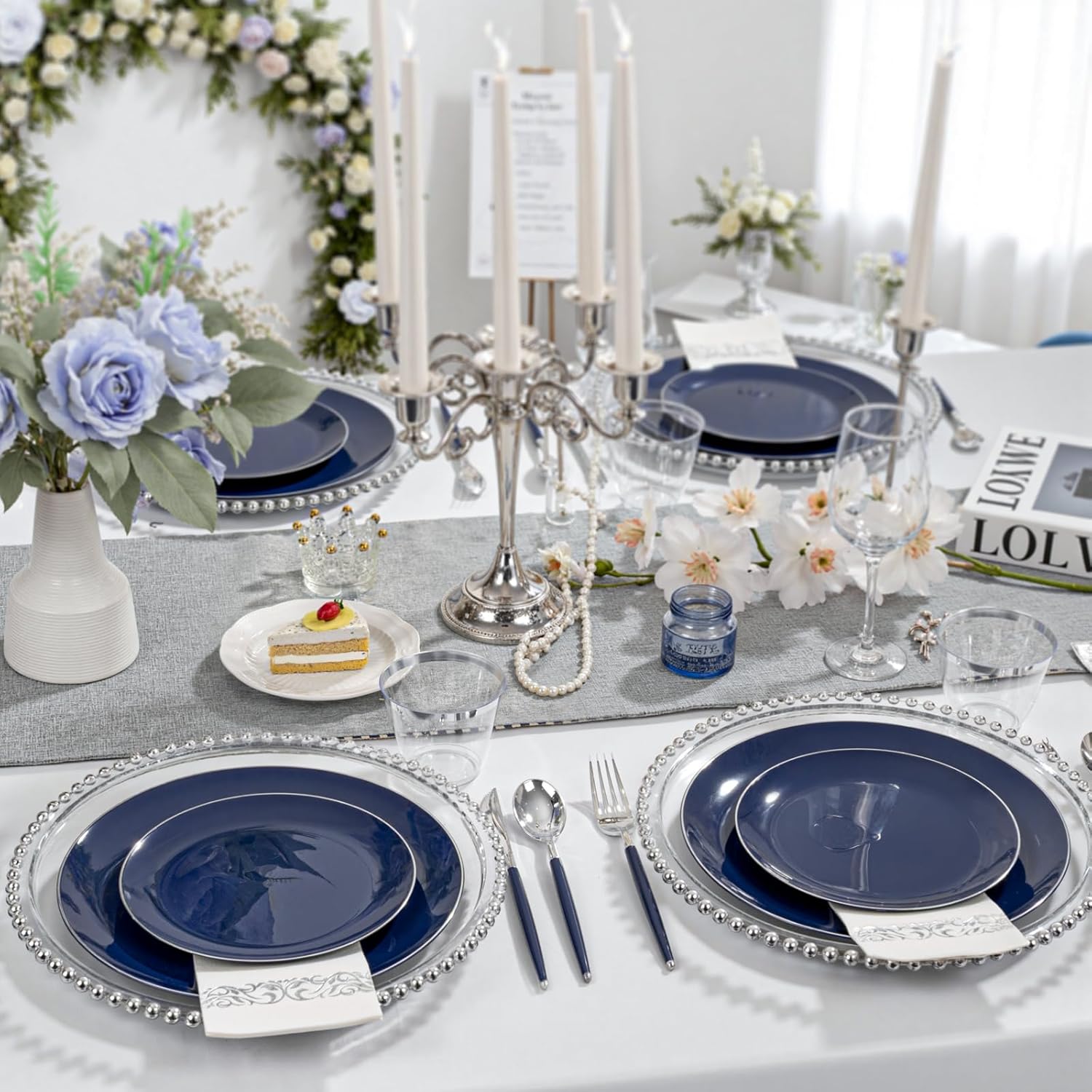 KIRE 175Pcs Blue Plastic Plates with Silver Rim & Disposable Silverware with Blue Handle & Silver-rim Cups & Hand Napkin & Plastic Dinnerware for Parties/Wedding - Image 4