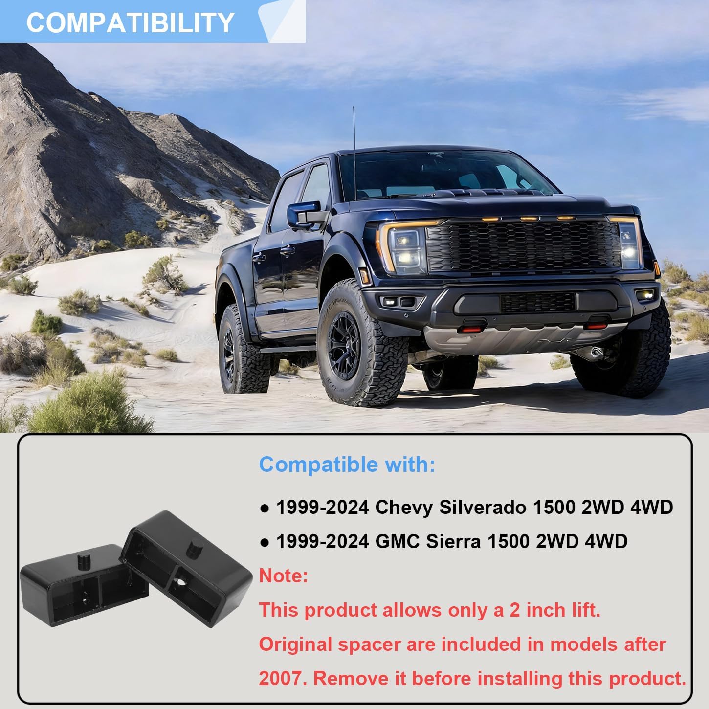 2 Inches Rear Lift Blocks Kit Compatible with 1999-2024 Chevy Silverado 1500 GMC Sierra 1500 2WD 4WD, 2" Rear Chassis Black Leveling Kit Block Extended Square U-Bolts