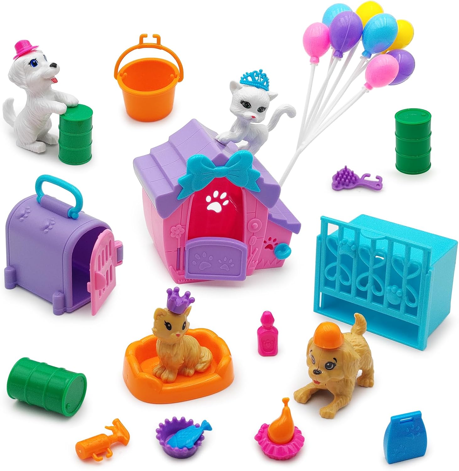 Dolls Accessories Playsets Dog Cat Figures with House Cage Pet Pretend Play Toys for Doll Toddlers 3-5 age 5-7 Girls Kids Brithday Gifts