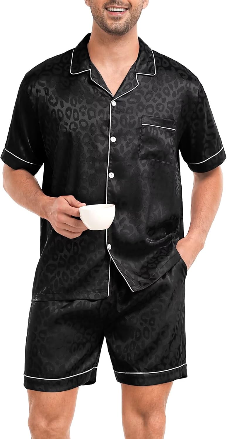 SWOMOG Men Silk Pajama Set Short Sleeve Satin PJs Sets 2 Piece Button Down Sleepwear Soft Summer Loungewear with Pockets - Image 3