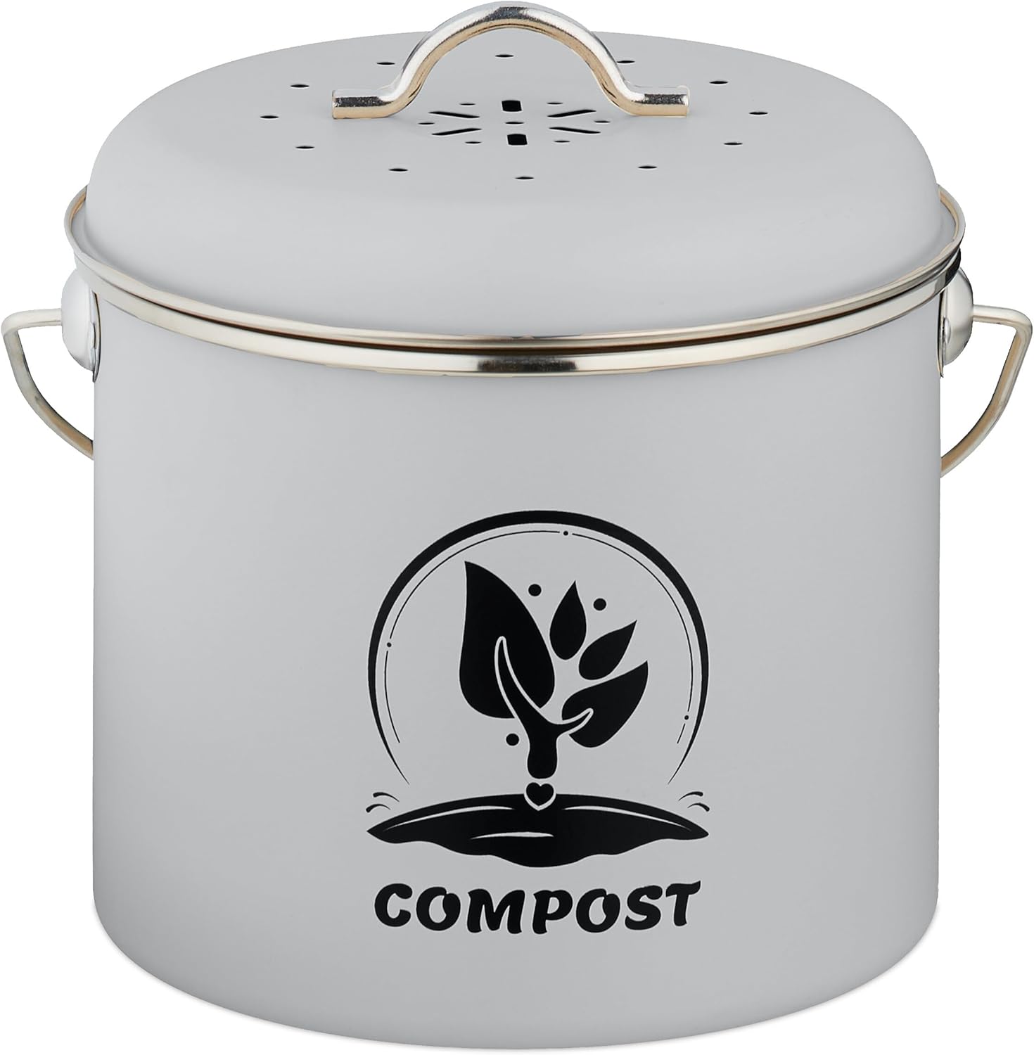 Relaxdays Kitchen Compost Bin, 3.5 litres, 2 Activated Carbon Filters, with Lid, Handle, Iron, Round Organic Waste Container, Grey