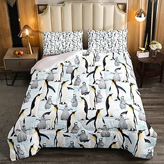 Erosebridal Cartoon Penguin Bedding Set Full Size Cute Penguins Comforter Set Funny Animal Down Comforter Antarctic Penguins Quilt Set Bedroom Decor Winter Polar Animal Pattern Duvet Set