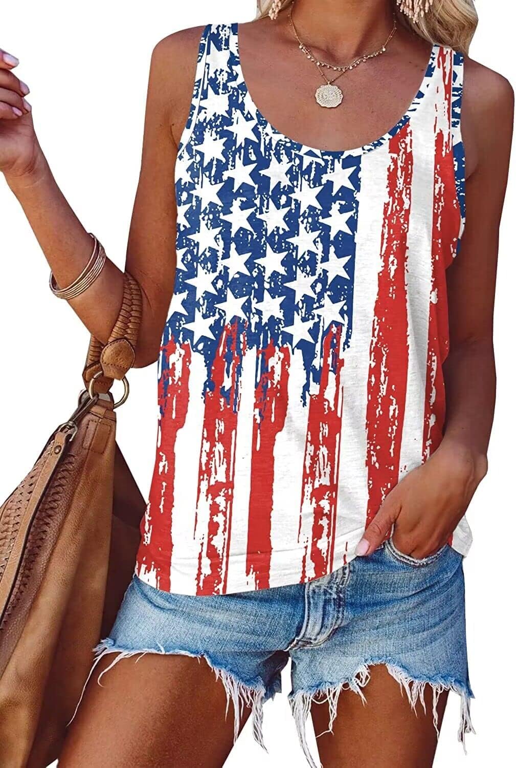 Akyzic Womens 4th of July Tank Tops American Flag Print Patriotic Sleeveless Independence Day Shirt S-XXL