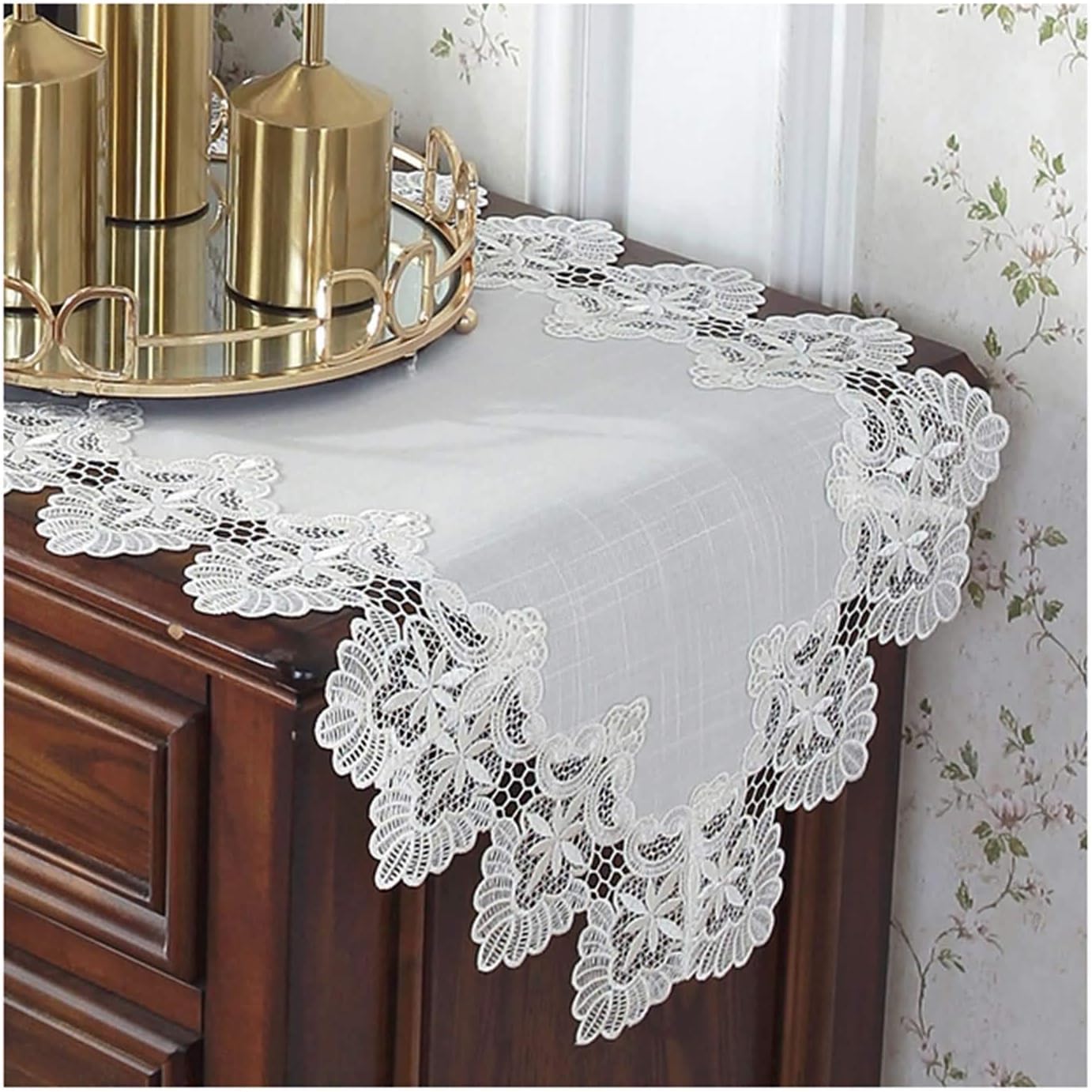 Table Runners Wedding,43x220CM,Hollow Flowers Embroidered with Lace Table Runner Polyester,Rectangle Table Runner White