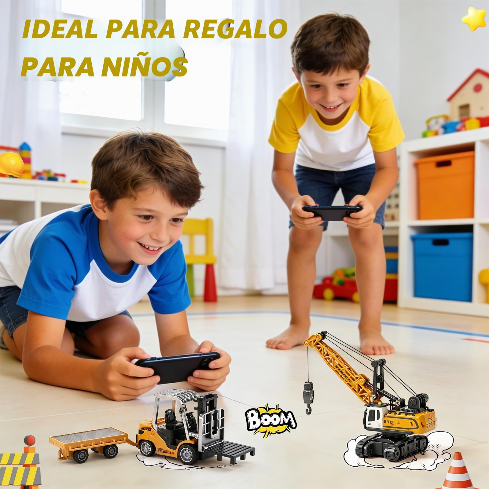 Mini Carretilla Elevadora RC con Remolque, 1:64 Juguete de Carretilla Elevadora Teledirigida con App y Mando 2,4 GHz, 3 Velocidades, Horquillas y Gancho, Vehículo de Construcción RC