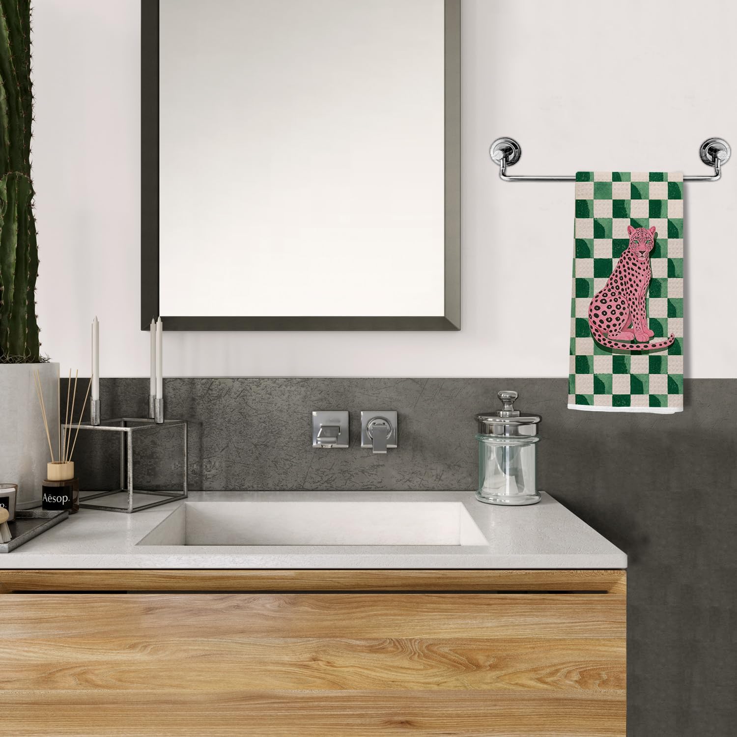 Maximalist Pink Leopard Kitchen Towels 16x24 Inch, Pink Cheetah Bathroom Decor, Eclectic Funky Y2k Jungle Animal Green Checkered Decorative Dish Hand Towels for Kitchen Bathroom