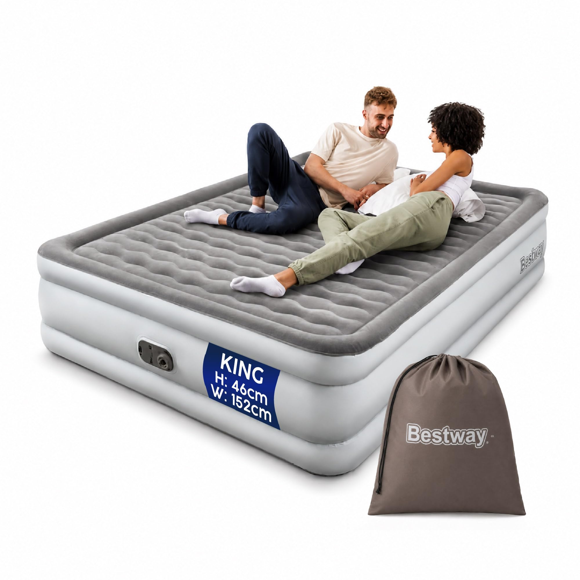 Bestway TriTech King Size Airbed, Airbed with Built-in Electric Pump, Fast Inflation, Wave Beam Support Mattress with Storage Bag, Grey