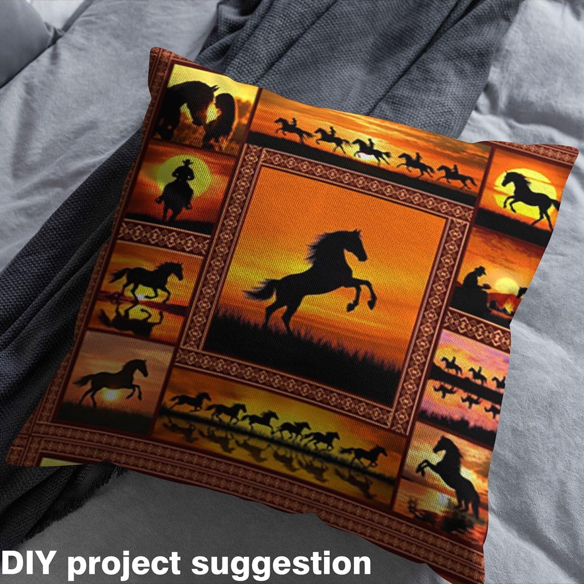 Horse Fabric by The Yard, Western Cowboys Upholstery, Farmhouse Sunset Decorative, Horse Silhouette Outdoor, Wild Animals Patchwork Waterproof for Sewing, Yellow, 3 Yards