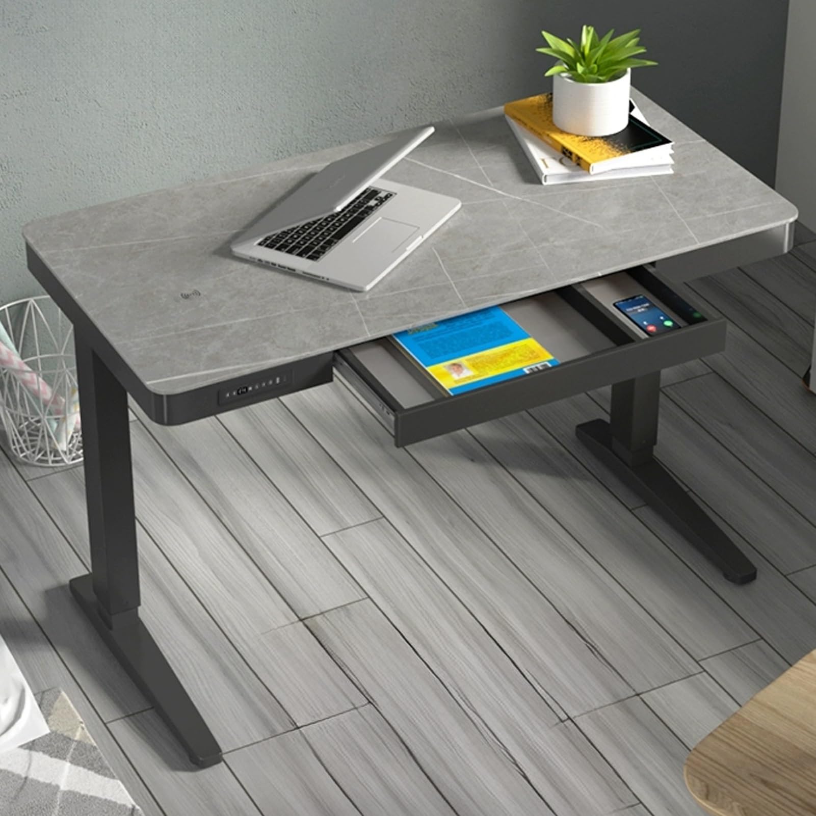 MYUYEE Jkghk Adjustable Standing Desk, Stand Up Desk With Slate Desktop, Sit Stand Desk With 3 Level Memory Key And Single Drawer Storage, For Home Office (Grey-39In)