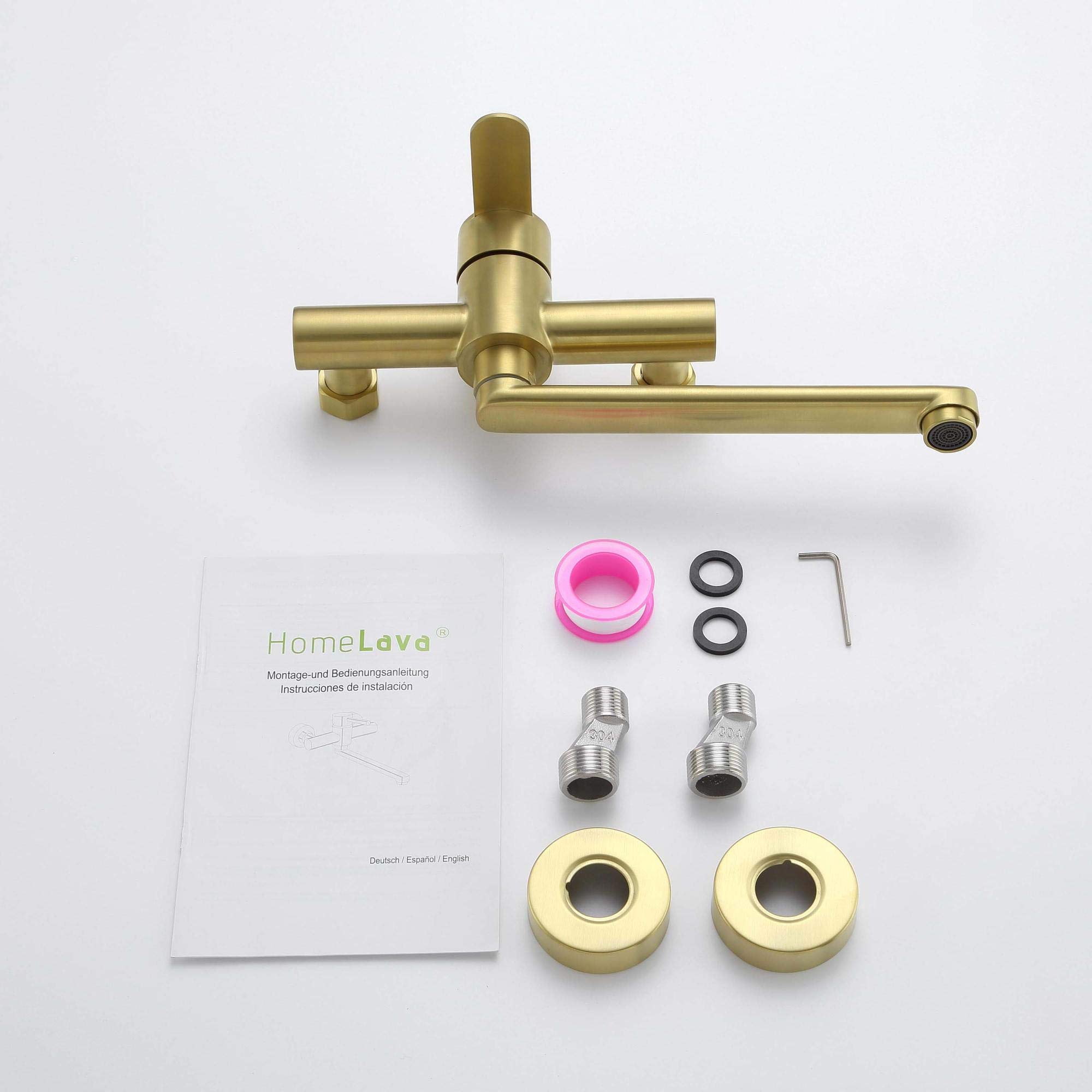 HomeLava Rubinetto oro spazzolato, Rubinetto cucina a muro, Miscelatore monocomando girevole a 360°， Acciaio inossidabile 304, Tubo rotante 23cm