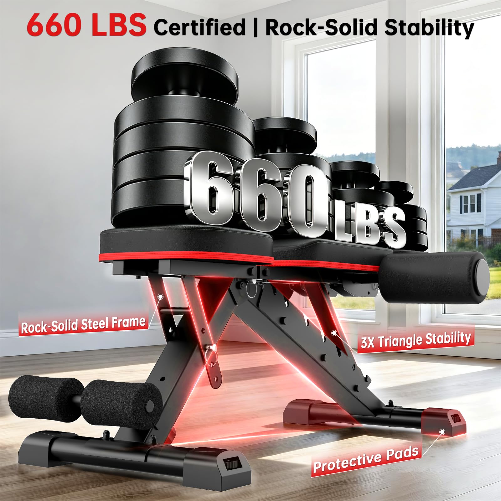 Adjustable Weight Bench for Home Gym, 98% Pre-Assembled Foldable Bench | 660LBS Heavy Duty Weight Bench, 8 Backrest & 4 Seat Positions for Incline Decline Flat Workout, Leg & Elbow Support