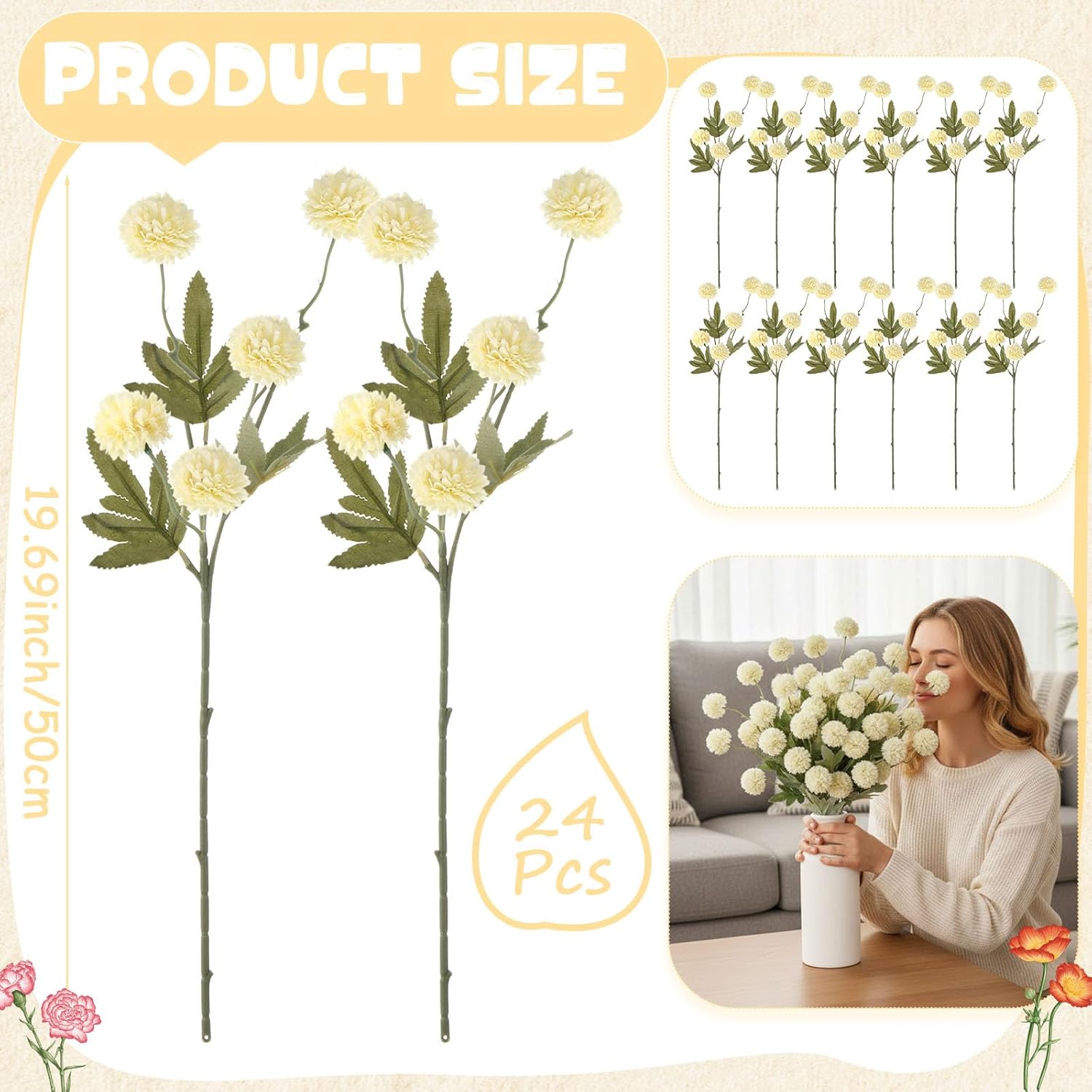 24 Pcs Artificial Chrysanthemum Flowers Faux Kiku Pompon Mums Silk Floral Picks for Spring Wedding Centerpieces DIY Bouquet Home Decor(White)