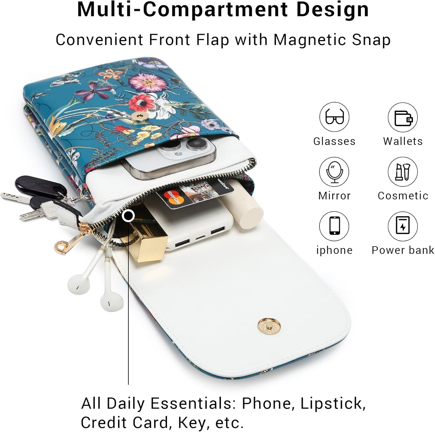 VONMAY Vegan Leather Small Crossbody Bags for Women, 3 Compartment Cell Phone Wallet Purses with Adjustable Guitar Strap | Vegan Leather, Small, 3 Compartment, Adjustable Guitar Strap - Image 4