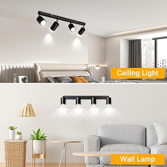 4 Way Spotlight Ceiling Lights, Modern Kitchen Ceiling Light Fittings Black, Industrial Ceiling Spots Wall Lights, Adjustable GU10 Spotlights for Bedroom Living Room Hallway,Bulbs Not Included