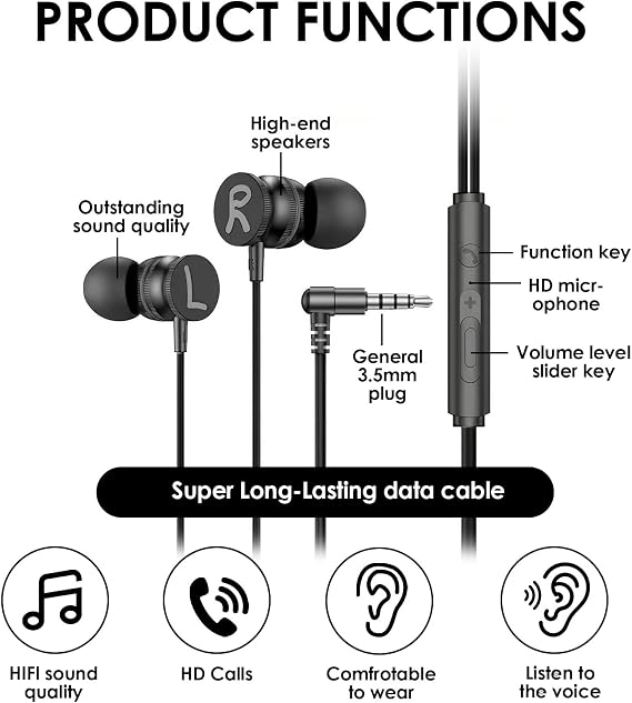 Wired In-Ear Earbuds 3.5mm with Volume Control Extra Bass Headphones | Extra Bass Sound, 3.5mm Audio Jack, Noise Isolating Design, In-Line Volume Control, Lightweight, Comfortable, for Wide Device