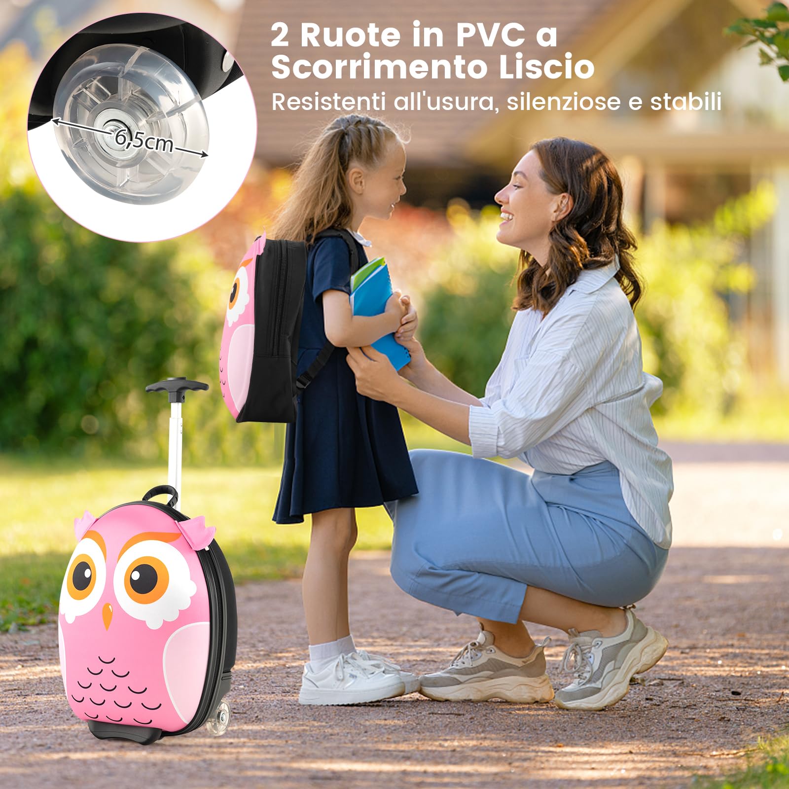 RELAX4LIFE Set 16''+12'' di Valigie per Bambini 2 in 1, 2 Pezzi, Trolly 16''+Zaino 12'', con Ruote Girevoli, Maniglia Retrattile, Zaino con Piedini in Plastica (Gufo)
