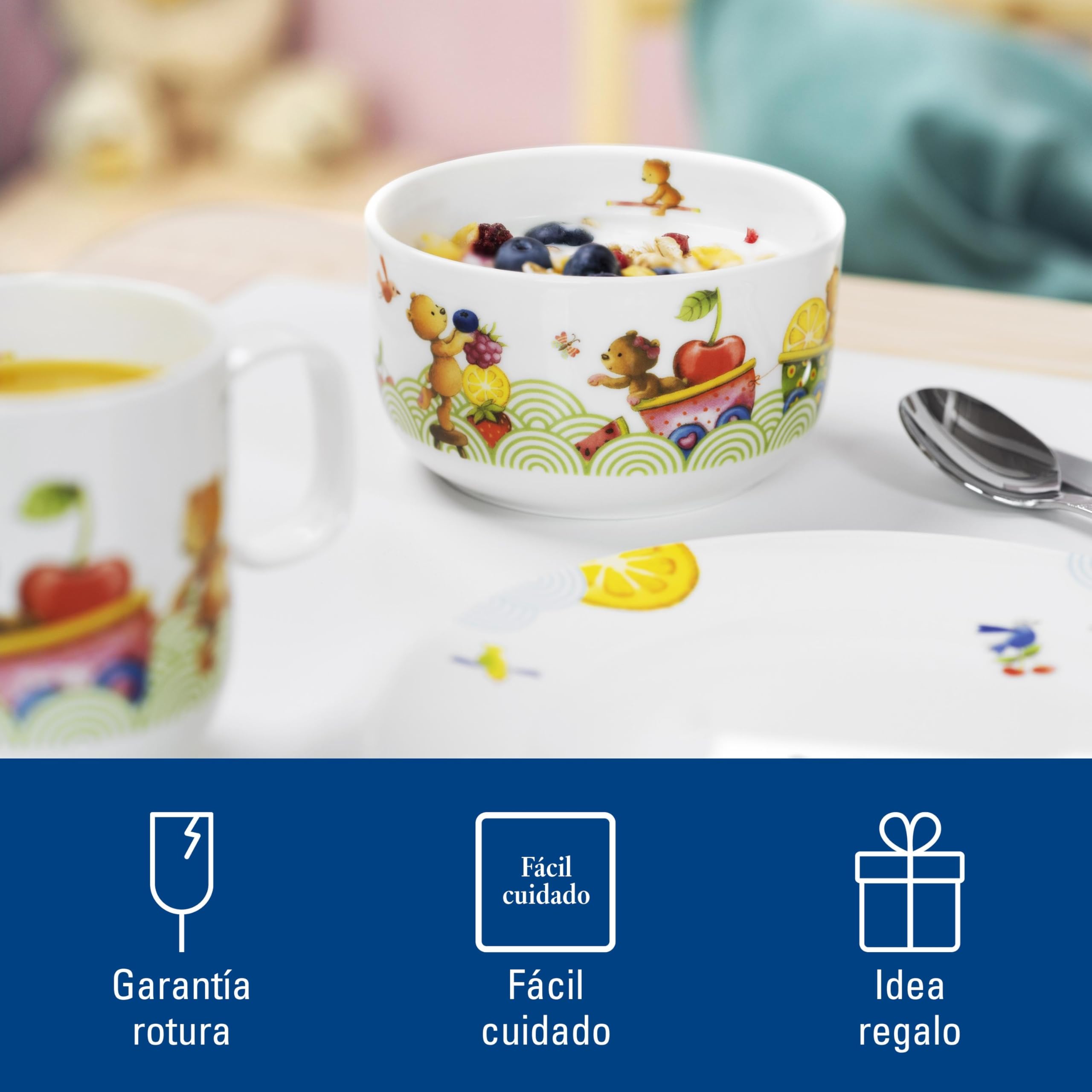 Villeroy & Boch Kiddy Bears Set De Vajilla Infantil, 7 Piezas 7 Piezas Rojo, Apto Para Lavavajillas, Vajilla Niños, Plato, Cuenco, Taza, Cubiertos, Premium Porcelain,Acero Inoxidable