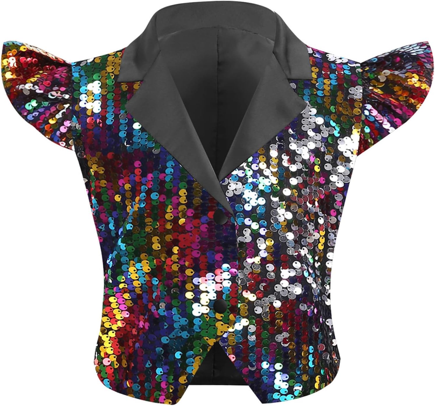 Choomomo Girls Sequin Glitter Dance Vest Sparkly Fly Sleeve Lapel Crop Jacket Bling Party Waistcoat Top