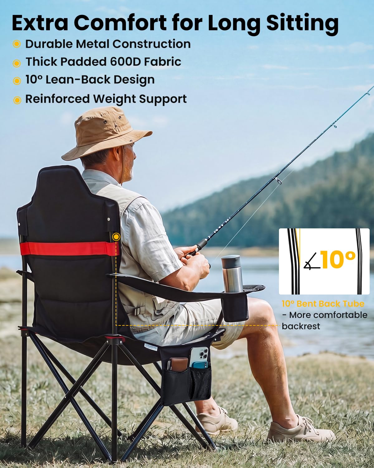 YEAUPE PRO Silla de Camping Plegable, Sillas de Pesca, hasta 150 kg, XL | Respaldo Alto, con Portavasos y Bolsa de Transporte, Silla Exterior para Camping, Playa, Jardín y Pesca