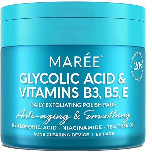 MAREE Glycolic Acid Pads - Toner Pads for Face Cleansing - Exfoliating Pad with Tea Tree Oil, Salicylic Acid & Vitamins E, B3, B5 - Acne Clearing, Skin Pore Resurfacing & Radiance Device - 50 Count