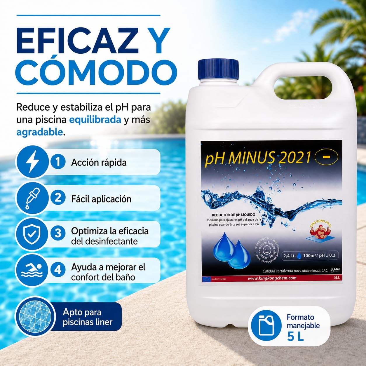 Pack 2 UDS Minorador de pH para Piscinas Compatible Poliester/Liner y electrólisis - PH Minus 10 L (2x5 litros) - Reduce el pH del Agua – Formato Líquido
