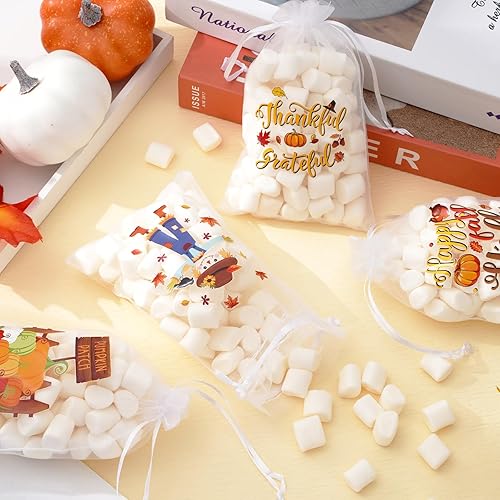 Miniatura 5 de Whaline 48 bolsas de organza de otoño de Acción de Gracias, con cordón, pavo, calabaza, espantapájaros, palabras, bolsas de regalo, bolsas de regalo