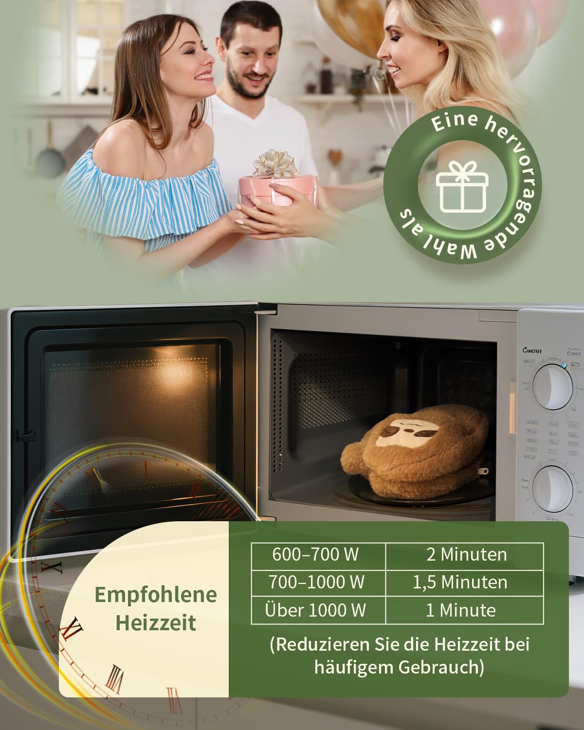uncn Sloth - Cuscino termico con grani, 660 g, per forno a microonde, per terapia termica umida, grande cuscino per microonde con rivestimento lavabile