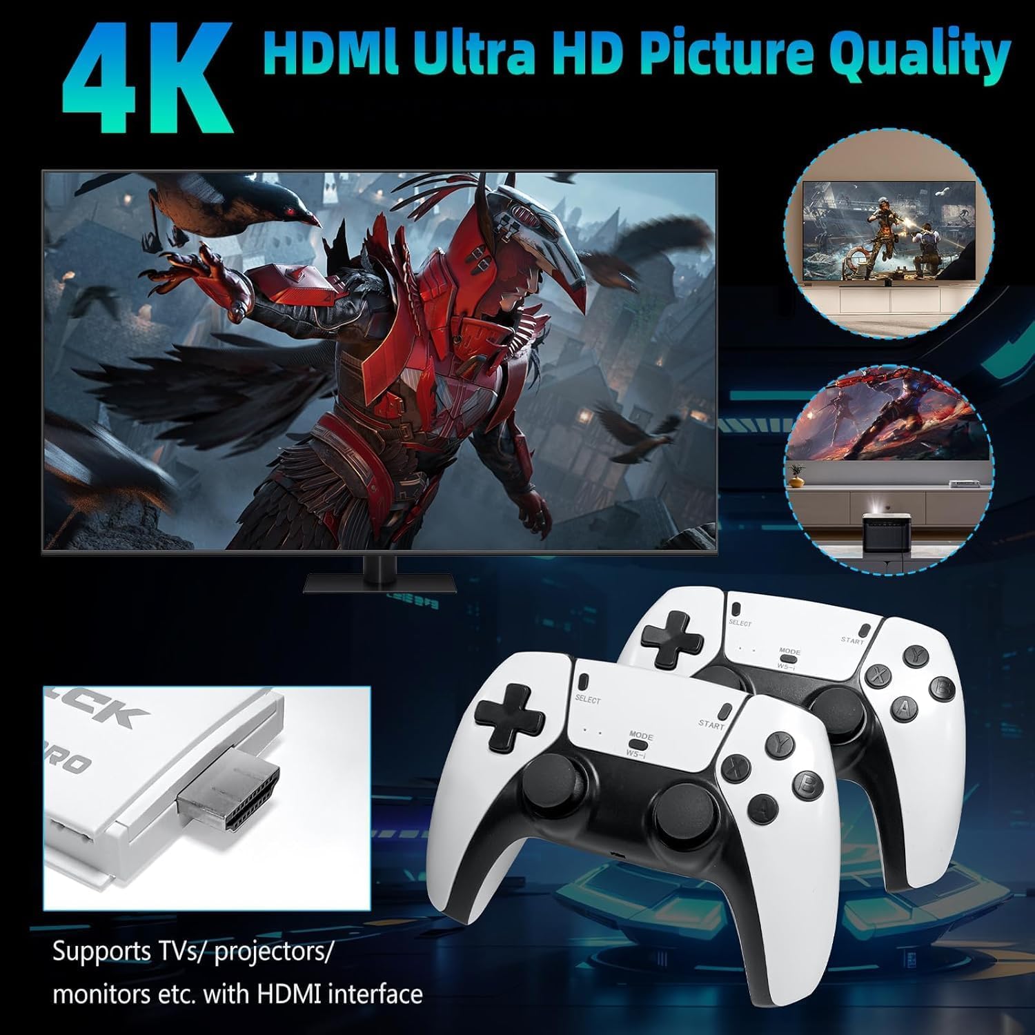 esportic ๐๐ ๐๐๐๐ซ ๐๐๐ซ๐ซ๐๐ง๐ญ๐ฒ 4K Pro Stick Retro Video Game Console, 20,000+ Built-in Games, 64GB TF Card, Dual 2.4GHz Wireless Controllers, HDMI Output,2 Player, Plug & Play, Perfect Gift, 4