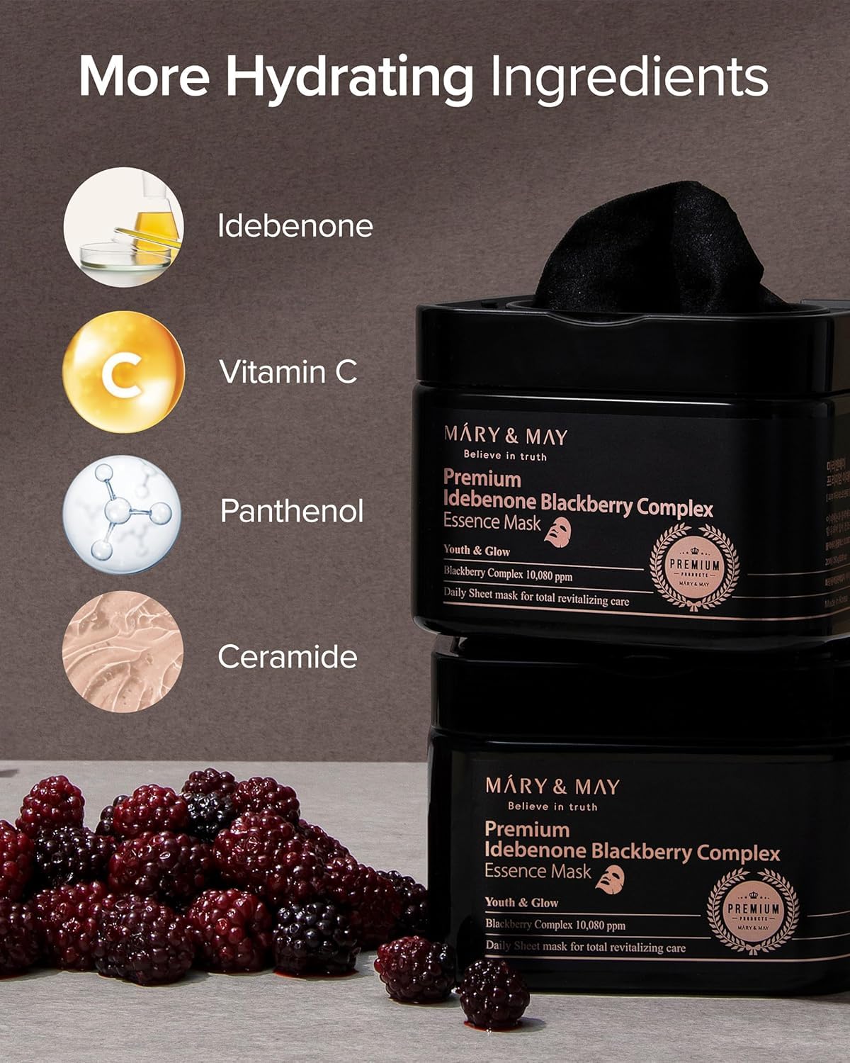 Mary&May Masque Essence Premium à l’Idébénone et à la Mûre | Masque Visage Coréen Anti-Âge à Distributeur Rapide | Vitamine C, Panthénol et Céramide, 20 Feuilles/250g
